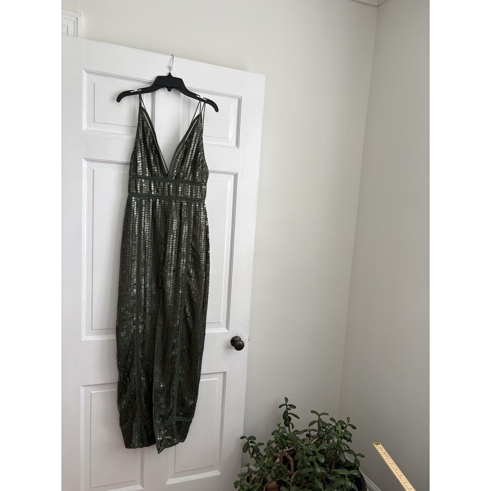 ASOS Petite‎ Olive Green Sequin Midi Dress V-Neck Ladder Stitch Trim NWT Size 2
